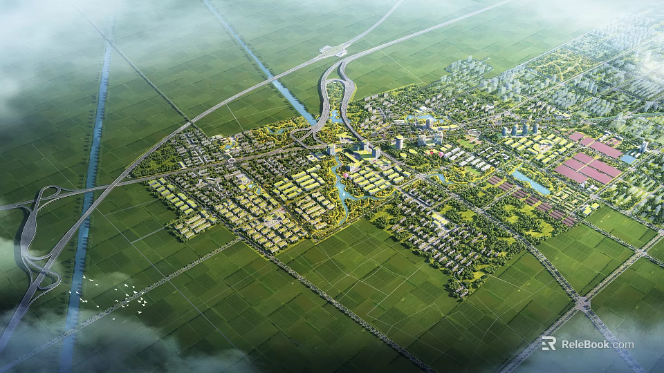 Aerial View Urban Planning With Green Spaces Road Networks And Water Systems 3d model 