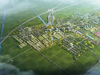 Aerial View Urban Planning With Green Spaces Road Networks And Water Systems 3d model
