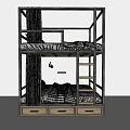 Bunk Bed With Metal Frame Black White Checkered Sheets Ladder And Storage Drawers