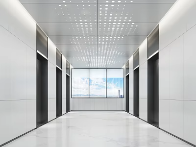 Contemporary Elevator Lobby With White Walls Perforated Ceiling Marble Floor Large Windows And Scenic View 3d model