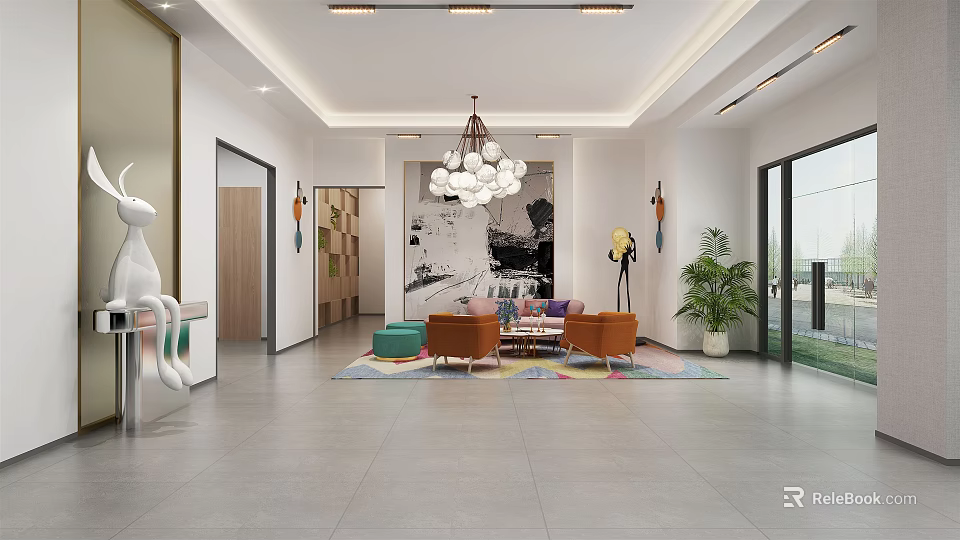 Modern Hotel Lobby Interior With Chandelier Sofa Seating Area Rug And Art Decor 3d model 