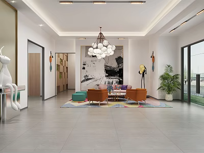 Modern Hotel Lobby Interior With Chandelier Sofa Seating Area Rug And Art Decor 3d model