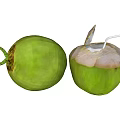 Fresh Green Coconut Fruit Whole And Opened With Straw And Spoon
