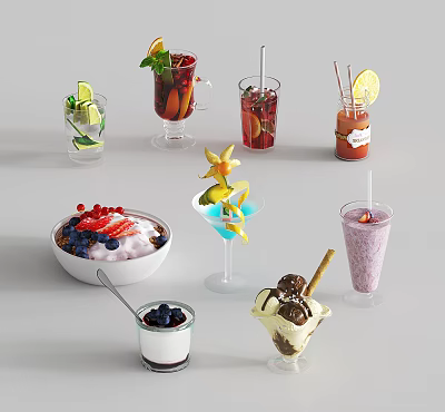Colorful Refreshing Beverages Including Cocktails Juices and Smoothies with Fruit Garnishes in Glass Containers 3d model