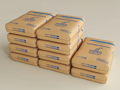 Stone Wood Construction Supercrete Packaged In Stacked Brown Paper Bags With Blue Labels 3d model