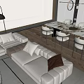 Modern Dining Table Set with Chairs Sofa Wooden Floor and Pendant Lights