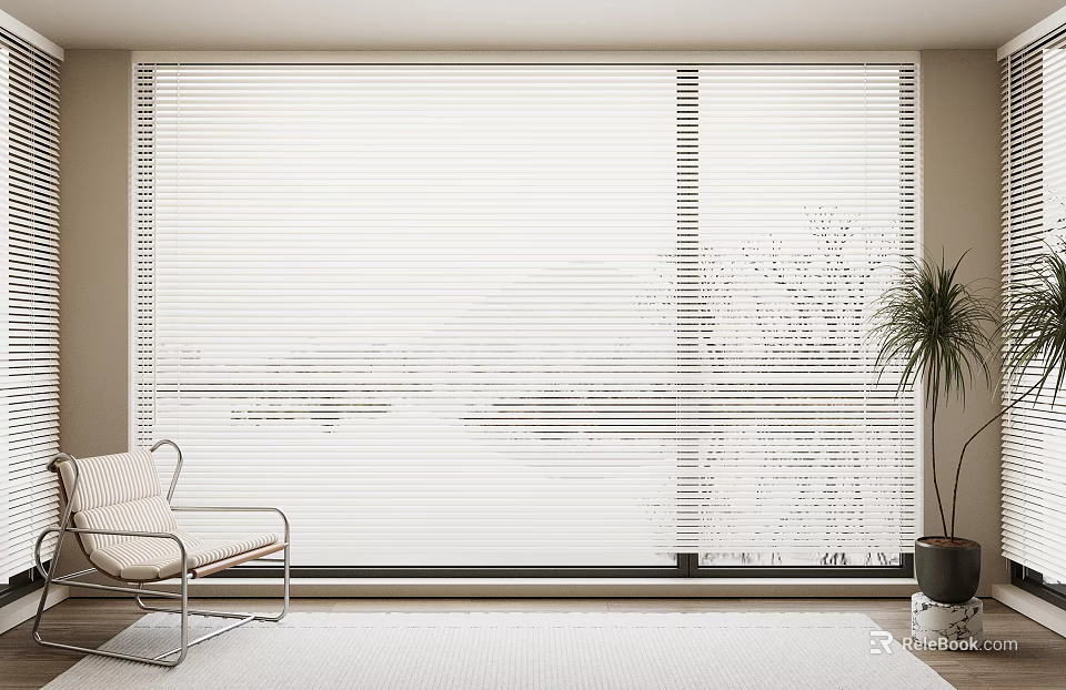 Modern Living Room With Large Window Covered By White Blinds Armchair And Potted Plant 3d model 