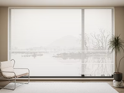 Modern Living Room With Large Window Covered By White Blinds Armchair And Potted Plant 3d model