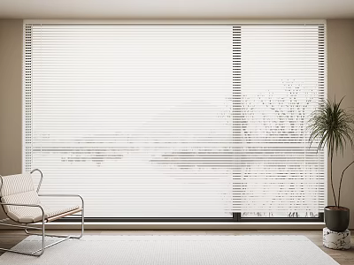 Modern Living Room With Large Window Covered By White Blinds Armchair And Potted Plant 3d model