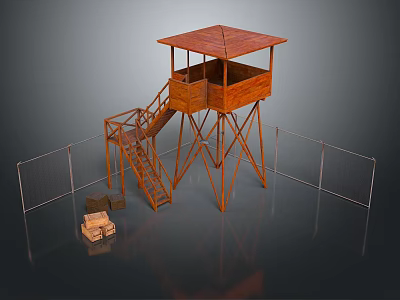 Wooden Watchtower Structure With Staircase Elevated Platform Fence And Storage Crates 3d model