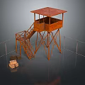 Wooden Watchtower Structure With Staircase Elevated Platform Fence And Storage Crates