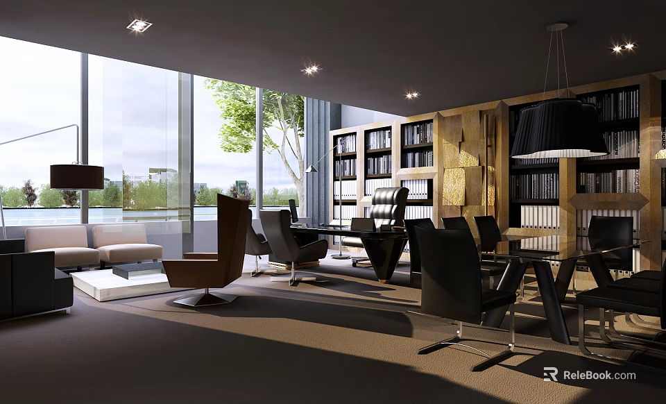 Modern Office Interior Design With Large Windows Bookshelves Sofa And Ergonomic Chairs 3d model 
