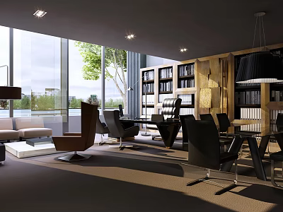 Modern Office Interior Design With Large Windows Bookshelves Sofa And Ergonomic Chairs 3d model