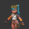 3D Teal Haired Character Wearing Goggles White Top Brown Pants Green Boots Front Back View