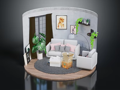 Contemporary Living Room Furniture Including Sofa Armchair Round Rug Potted Plants Decorative Paintings Wall Shelf 3d model