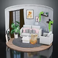 Contemporary Living Room Furniture Including Sofa Armchair Round Rug Potted Plants Decorative Paintings Wall Shelf