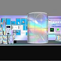 Modern Exhibition Booth With Transparent Cylinder Lighting Digital Screens And Display Elements 3d model