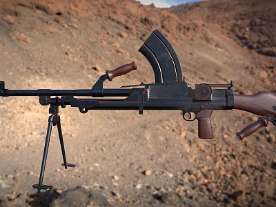 Military Machine Gun With Tripod Wooden Grip And Stock On Desert Terrain Background 3d model
