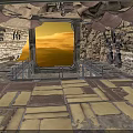Futuristic Interior With Rock Walls Metal Structures And Sunset View Through Large Window