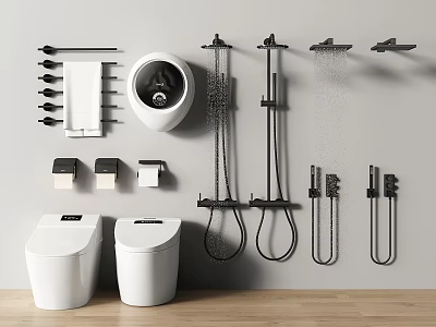 Modern Black Shower System Design With Bathroom Fixtures And White Toilets 3d model