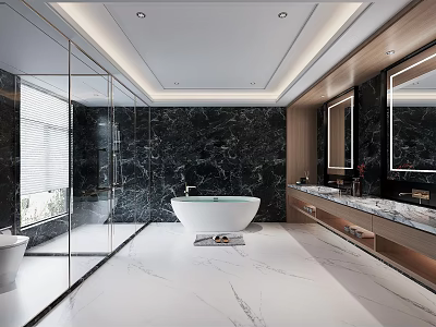 Modern Luxury Bathroom Interior With Black Marble Wall White Bathtub Glass Shower And Double Vanity 3d model