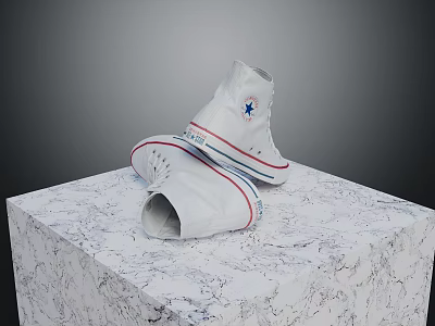 White High Top Canvas Shoes With Blue Star Logo Red Trim On Marble Cube 3d model