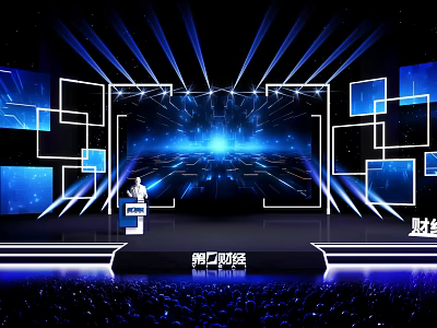 Dynamic Finance Presentation On Stage With Blue Lighting Large Screen And Audience 3d model