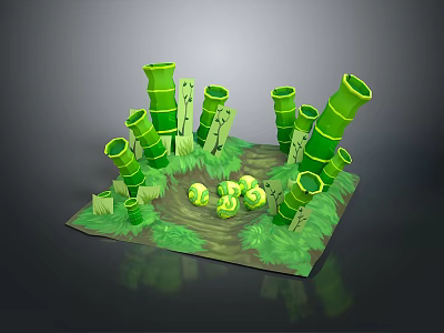 Green Bamboo Plants with Yellow Flowers and Lush Green Grass in 3d model