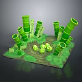 Green Bamboo Plants with Yellow Flowers and Lush Green Grass in