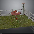 Garden Scene With White Picket Fence Red Round Table And Cups On Green Grass
