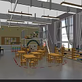 Modern Kindergarten Classroom Spacious Open Layout With Wooden Tables Chairs Bookshelves Green Plants And Windows