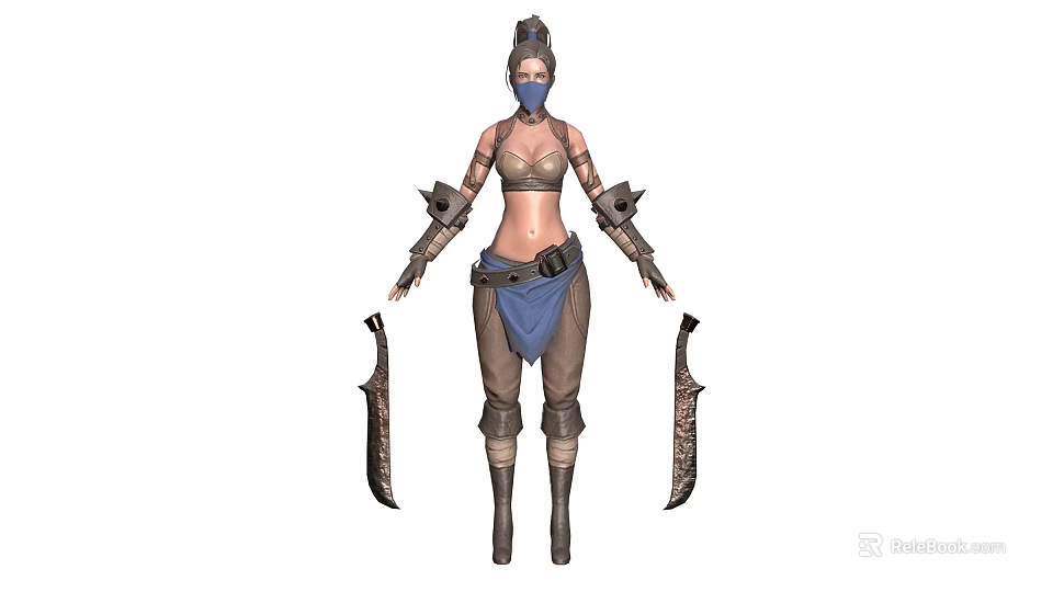 Fantasy Female Warrior Character in Armored Outfit With Mask Blue Waist Sash and Dual Weapons 3d model 