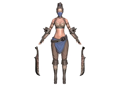 Fantasy Female Warrior Character in Armored Outfit With Mask Blue Waist Sash and Dual Weapons 3d model