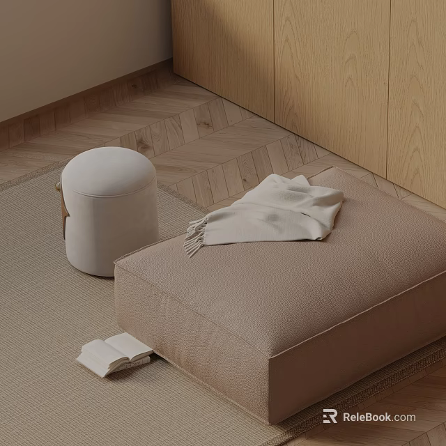 Cozy Leisure Chair with White Stool Open Book and Light Blanket on Wooden Floor 3d model 