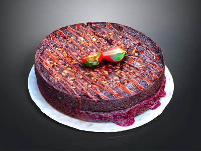 Decadent Chocolate Cake With Chocolate Drizzle Chopped Nuts Fresh Strawberries On White Plate 3d model