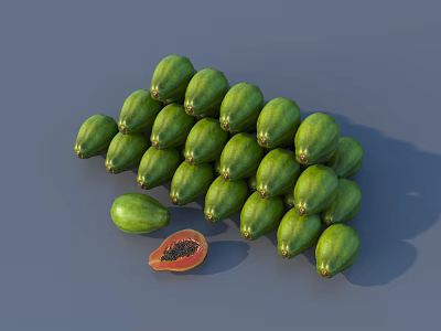Fresh Green Papayas Heap With Cut Open Half On Gray Background 3d model
