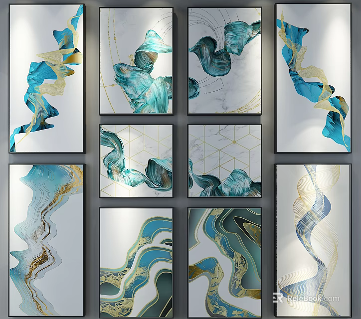 Abstract Paintings With Blue Gold Fluid Lines And Geometric Patterns For Modern Wall Decor 3d model 