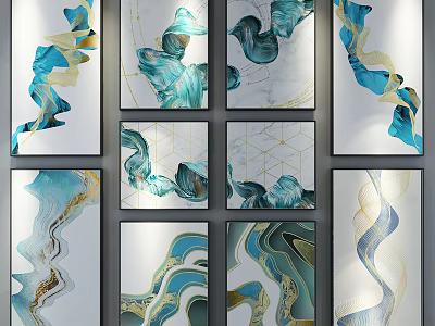 Abstract Paintings With Blue Gold Fluid Lines And Geometric Patterns For Modern Wall Decor 3d model
