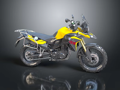 Yellow and Black Adventure Motorcycle With Windshield Luggage Rack and Off Road Tires 3d model