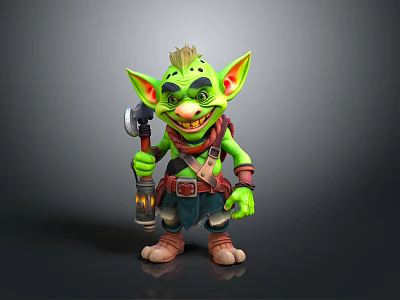 Green Goblin Character With Mohawk Hairstyle Pointed Ears Brown Scarf Belt Blue Shorts And Hammer 3d model