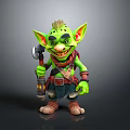 Green Goblin Character With Mohawk Hairstyle Pointed Ears Brown Scarf Belt Blue Shorts And Hammer