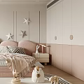 Cozy Kids Room Interior With Pink Headboard Star Wall Decor Stuffed Toys And Rug