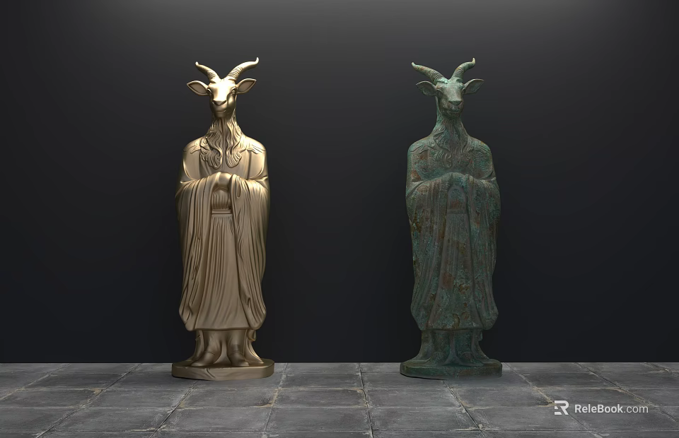 Goat Headed Robed Landscape Sculptures in Golden and Greenish Bronze on Stone Floor 3d model 