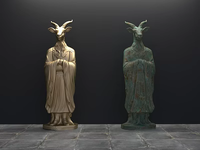 Goat Headed Robed Landscape Sculptures in Golden and Greenish Bronze on Stone Floor 3d model