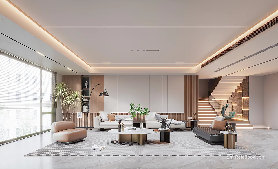 Modern Bright Living Room Interior With Sofa Armchair Coffee Table Plants And Staircase 3d model 