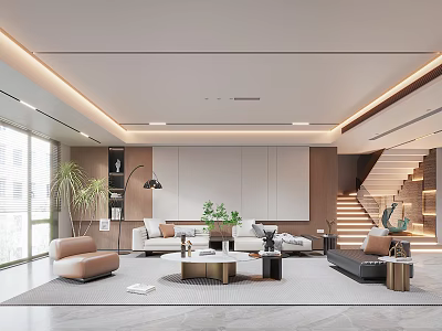 Modern Bright Living Room Interior With Sofa Armchair Coffee Table Plants And Staircase 3d model