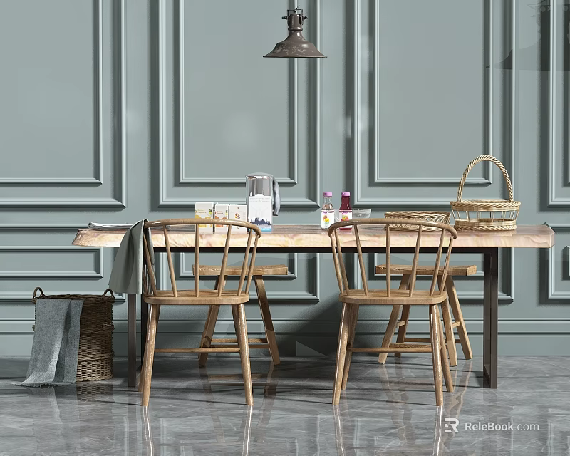 Rustic Wooden Dining Table Set with Chairs Pendant Light and Paneled Gray Wall 3d model