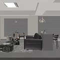 Modern Living Room With Black Leather Sofa Glass Coffee Table Geometric Pendant Light And Ottoman