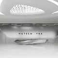 Sleek Futuristic Office Reception Lobby With Unique Curved Ceiling And Spacious Bright Comfortable Waiting Area