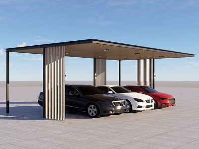 Modern Carport Structure With Parked Black White And Red Cars Under Metal Roof 3d model